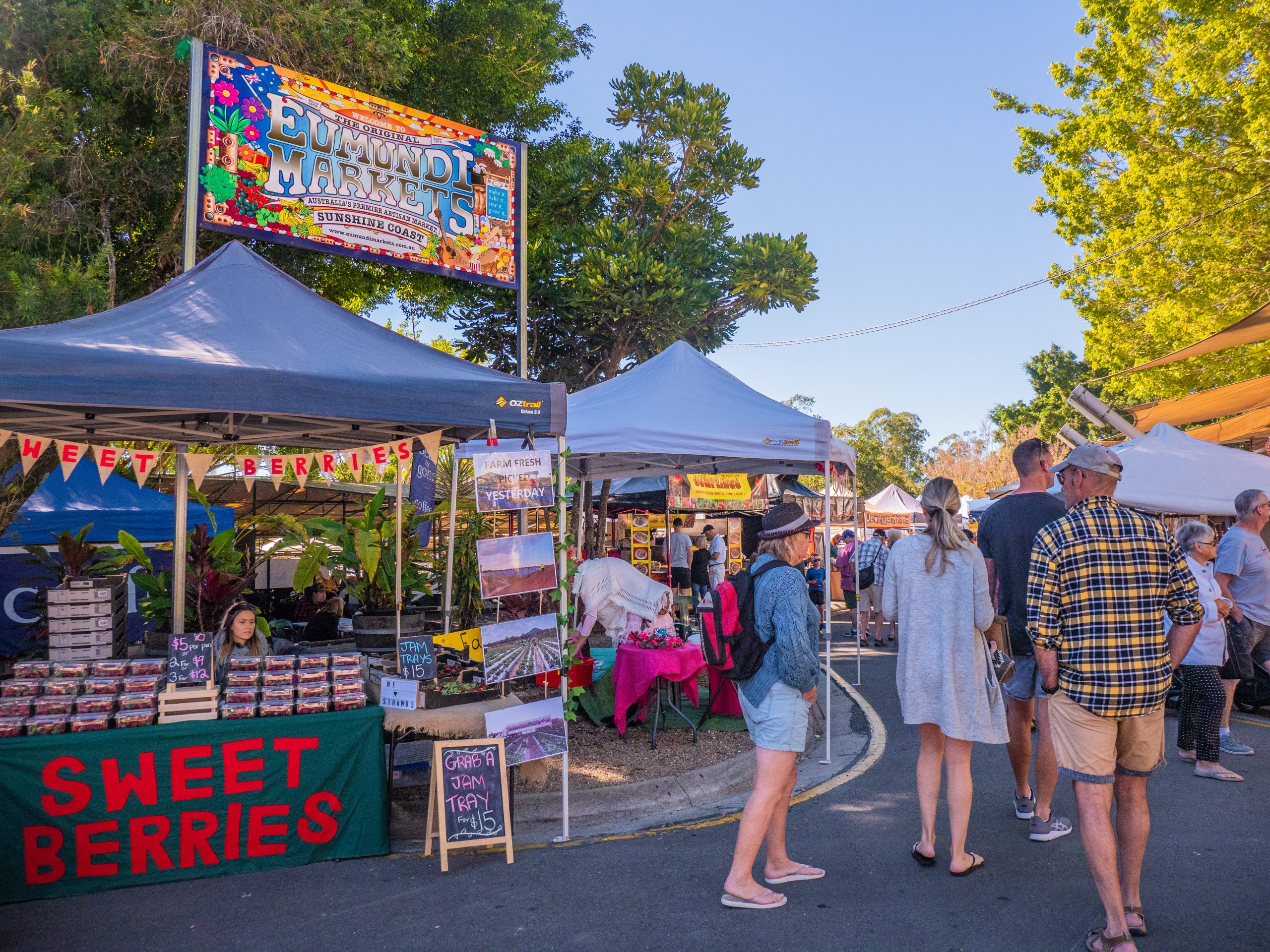 Eumundi Markets artisan stalls with handmade crafts and produce on the Sunshine Coast