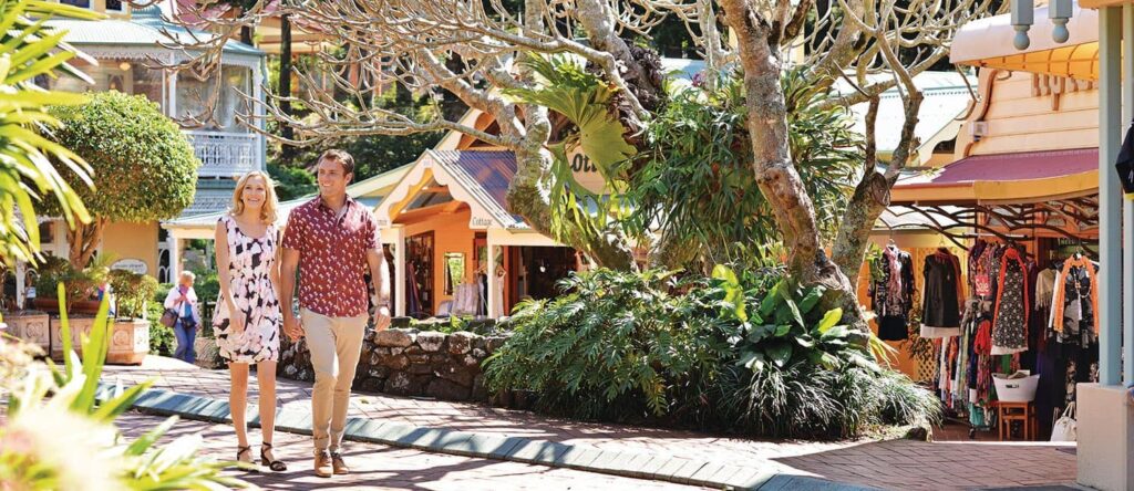 Visitors exploring boutique shops and cafes in the Sunshine Coast Hinterland