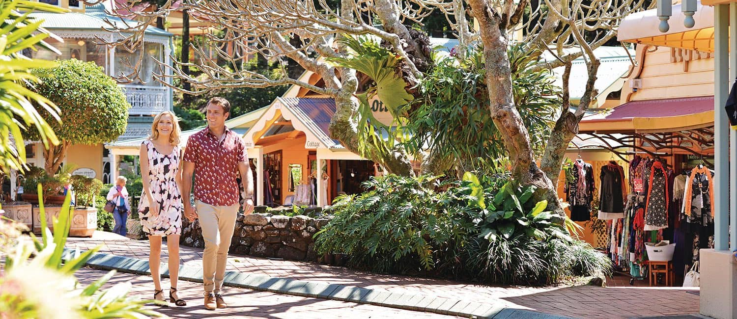 Visitors exploring boutique shops and cafes in the Sunshine Coast Hinterland