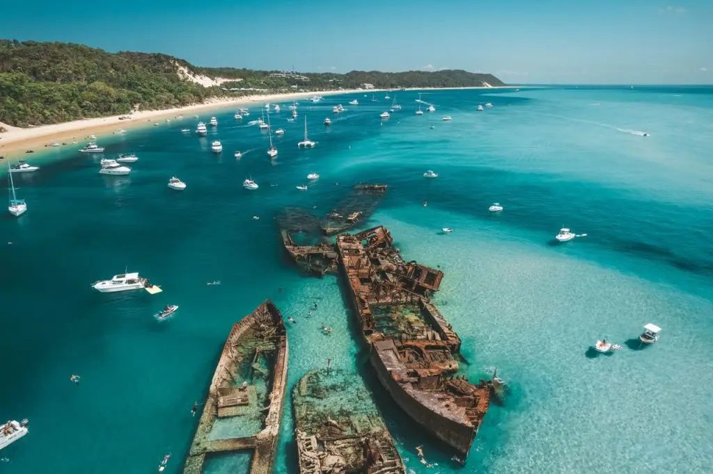 Aerial view of Tangalooma Shipwrecks snorkelling site on Moreton Island