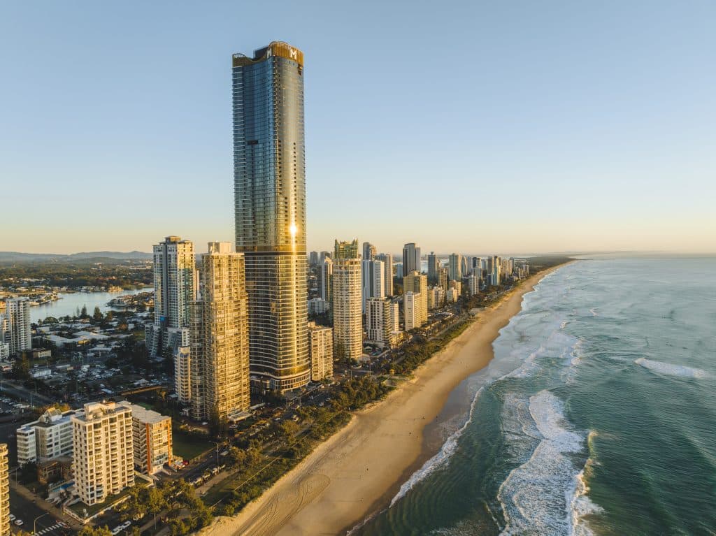 Aerial view of Meriton Suites and Surfers Paradise coastline, Gold Coast