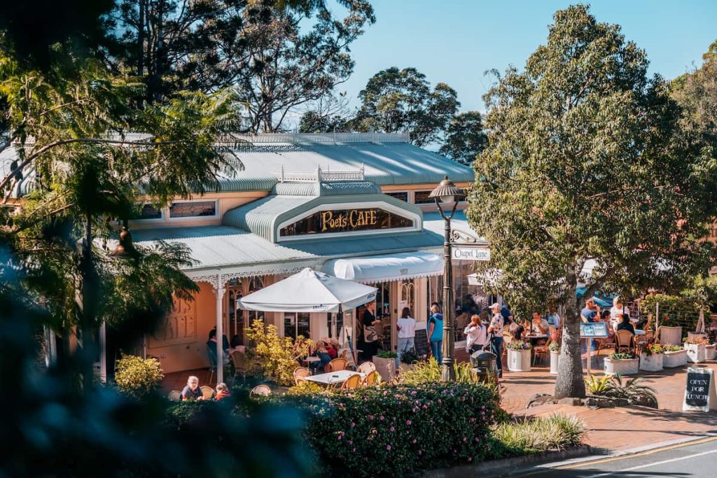 Outdoor cafe with umbrella seating in Montville, Sunshine Coast Hinterland
