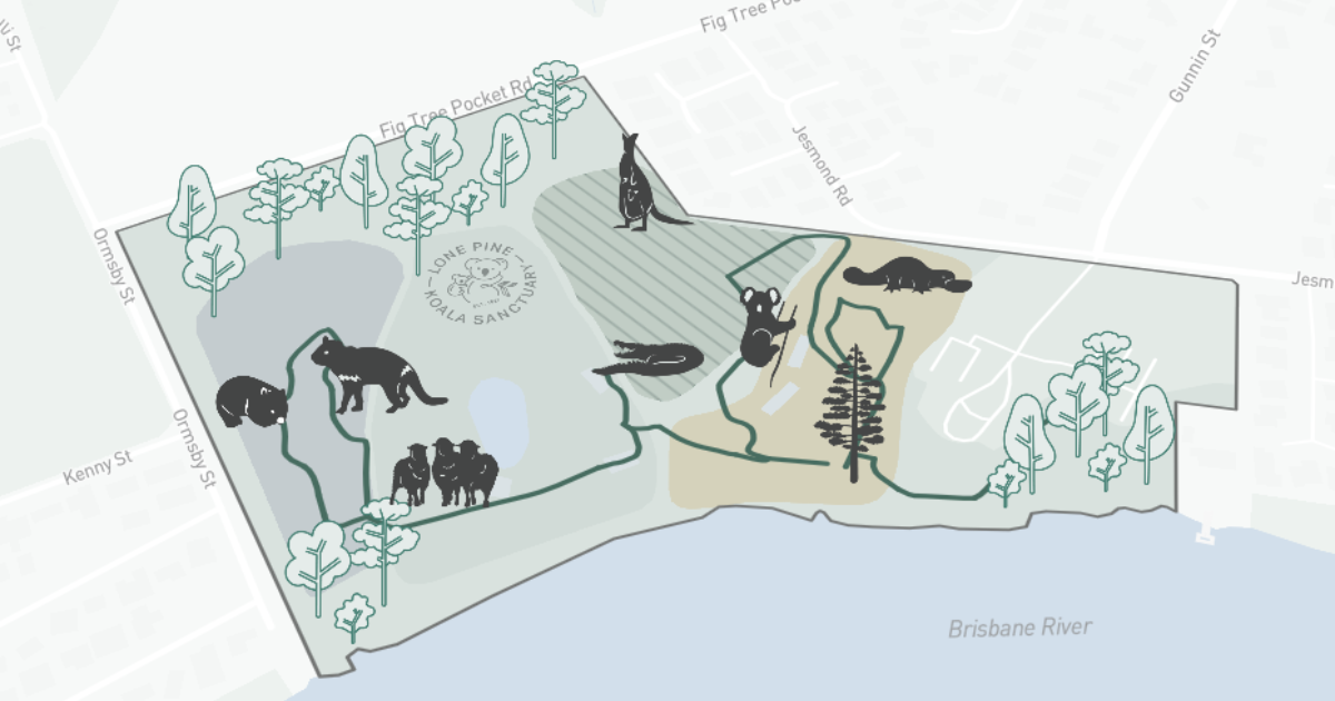 Map layout of Lone Pine Koala Sanctuary in Brisbane showing wildlife areas and walking paths
