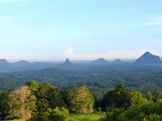 Glass House Mountains Scenic View, Sunshine Coast Queensland Scenic view of the Glass House Mountains on the Sunshine Coast Queensland with lush forest and clear blue sky
