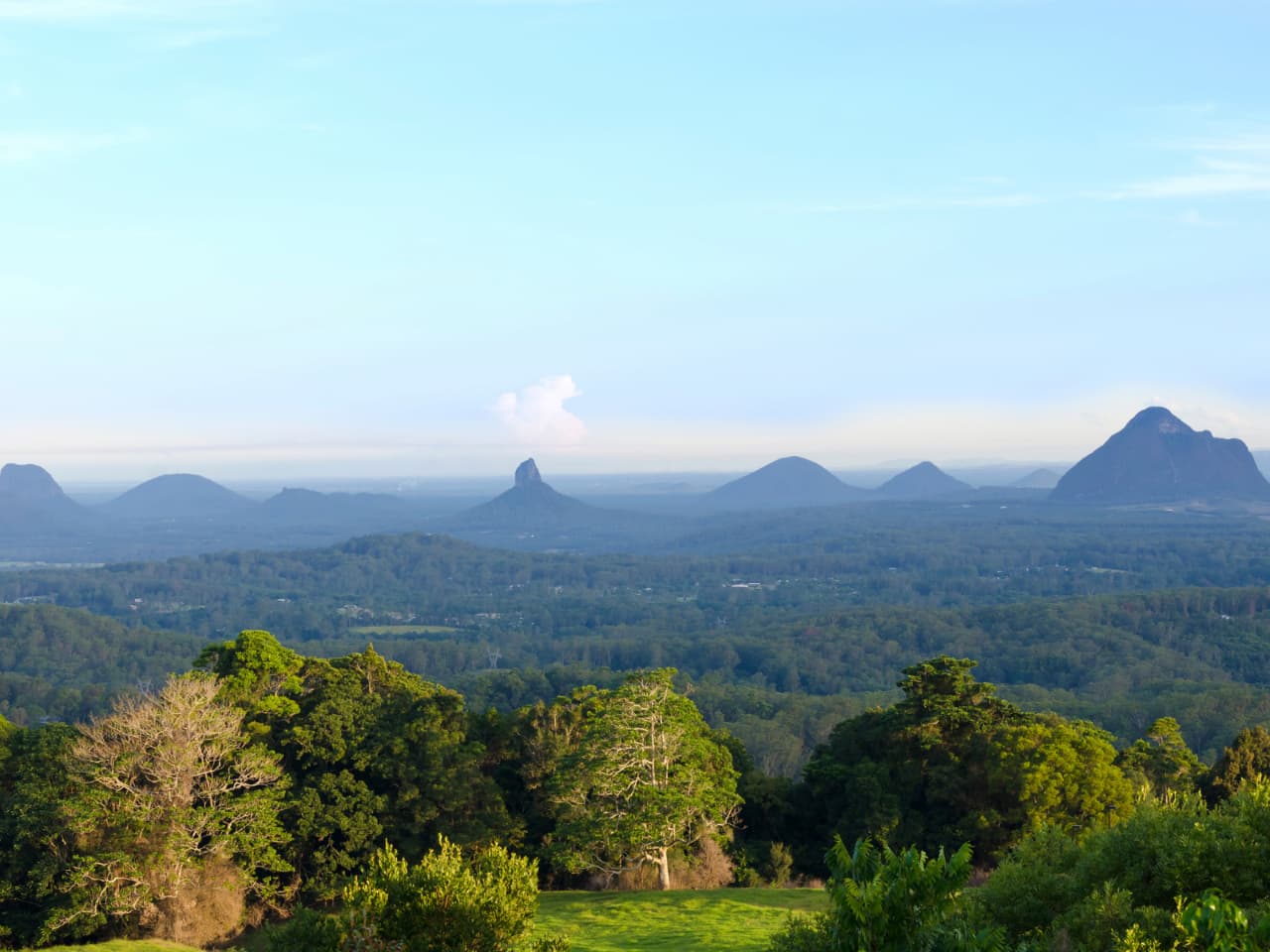 Scenic view of the Glass House Mountains on the Sunshine Coast Queensland with lush forest and clear blue sky