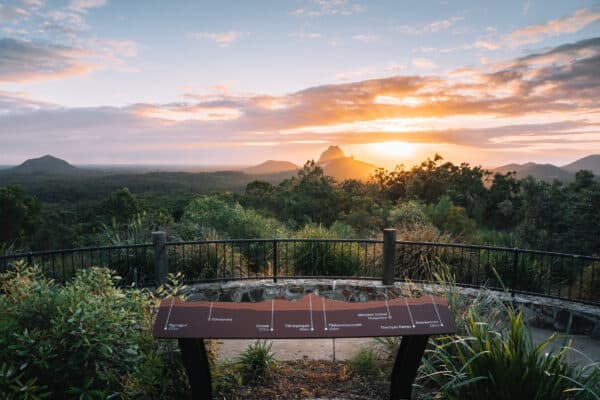 Glass House Mountains Lookout with views of the surrounding hinterland